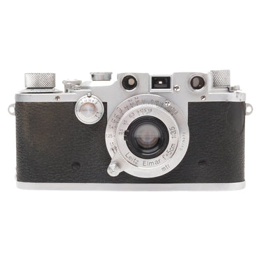 Leica IIIc chrome front view with collapsible 5cm f3.5 Elmar lens