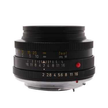 Leica 50mm f2 Summicron-R side view showing aperture and distance scales