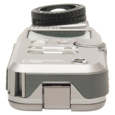 Sekonic L-358 bottom edge showing battery compartment door and sync terminal