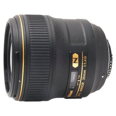 Nikon 35mm f1.4G opposite side showing gold N badge, focus ring, and rear mount