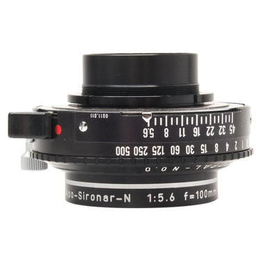 Rodenstock 100mm f5.6 Apo-Sironar-N in Copal No. 0 shutter, side view with aperture and speed scales
