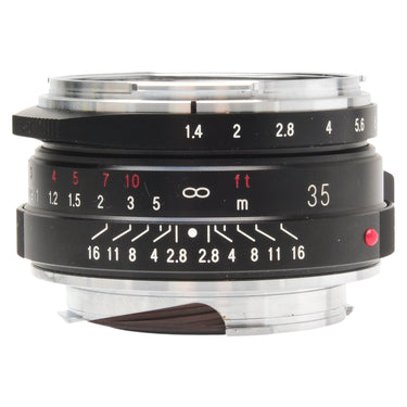 Voigtlander Nokton Classic 35mm f1.4 II front view showing aperture and depth-of-field scales
