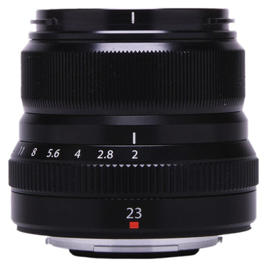 Fujifilm XF 23mm f2 R WR lens side view showing aperture ring and 23 marking