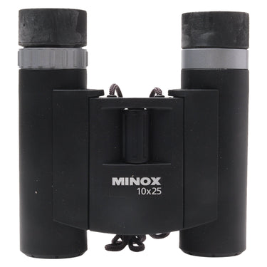Minox BD 10x25 BR binoculars top view with central focus wheel and 10x25 marking