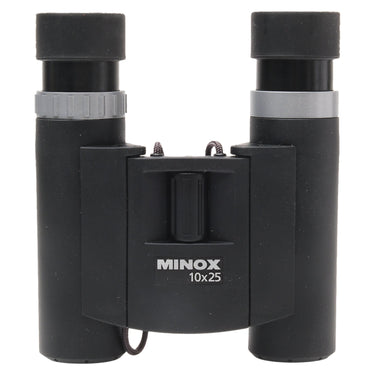 Minox BD 10x25 compact binocular front view showing bridge logo and eyepiece caps