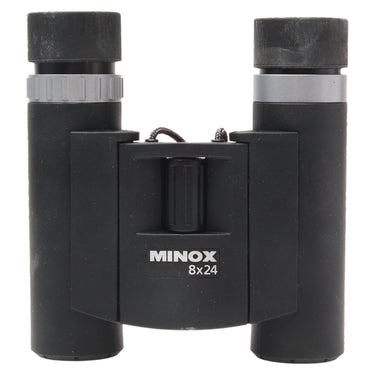 Minox BD 8x24 BR binocular front view with eyepiece caps and 8x24 marking