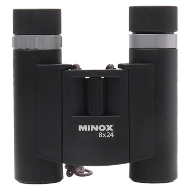 Minox BD 8x24 BR binocular front view with eyecup caps up and gray lanyard