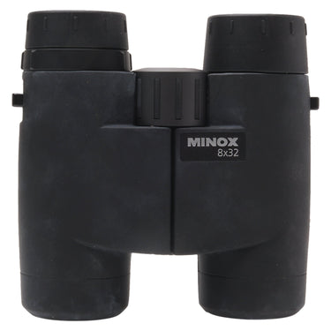 Minox BD 8x32 BR binocular front view showing 8x32 logo and central focus wheel