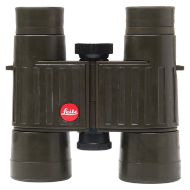 Leica Trinovid 8x32 BA green binocular front view with focus wheel and red Leitz logo