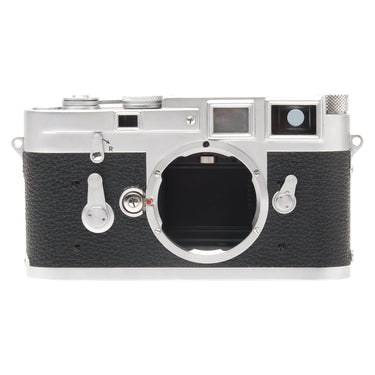 Leica M3 silver chrome front view with bare M bayonet mount and dual viewfinder windows