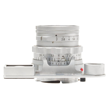 Leica 5cm f2 Summicron Dual Range bottom view showing aperture scale and focusing scale with goggles