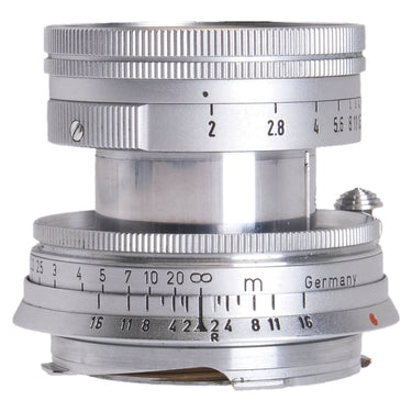 Leica 5cm f2 Summicron collapsible lens side view with aperture scale and infinity lock