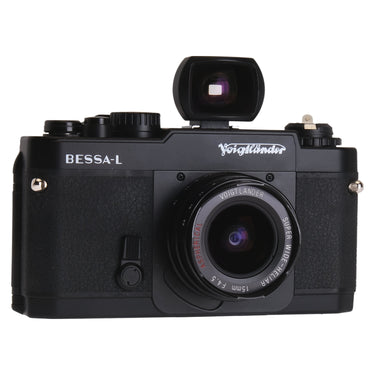Voigtlander Bessa-L front view with 15mm Super Wide-Heliar lens and external finder mounted