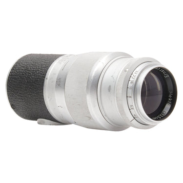 Leica Hektor 13.5cm f4.5 lens angled view showing front glass and aperture ring