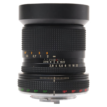 Contax PC-Distagon 35mm f2.8 lens standing upright with built-in hood and distance scale