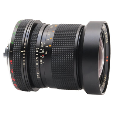 Contax PC-Distagon 35mm f2.8 angled side view showing shift degree scale and hood