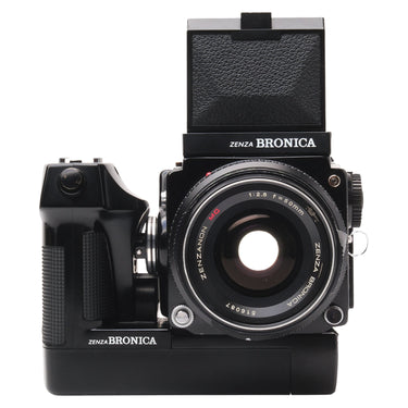 Zenza Bronica ETRS with 50mm f2.8 lens and waist-level finder raised, front view
