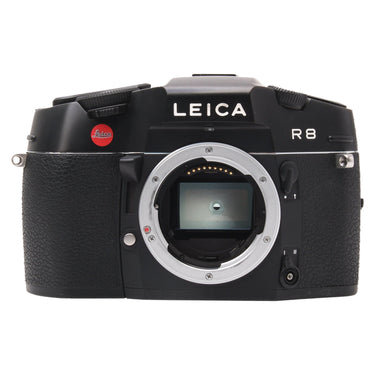 Leica R8 black 35mm film SLR front view with bare lens mount and mirror box