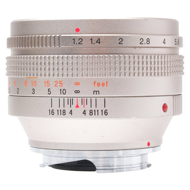Konica M-Hexanon 50mm f1.2 Limited silver lens side view with aperture scale and mount