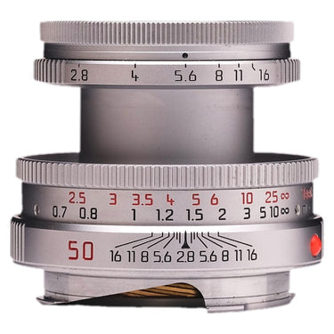 Leica 50mm f2.8 Elmar-M silver lens side view showing aperture and focus scales
