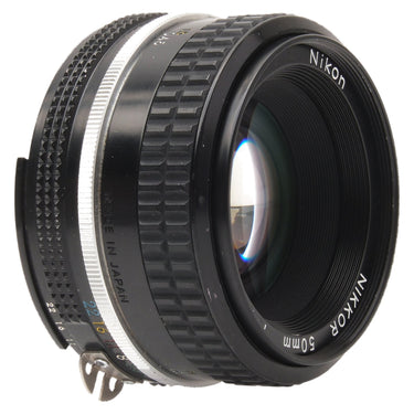 Nikon 50mm f1.8 Nikkor angled front three-quarter view showing front glass