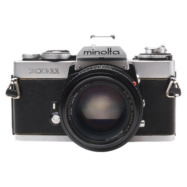Minolta XD11 front view with MD 50mm f1.4 lens and B+W filter