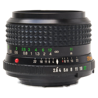 Minolta MD 28mm f2.8 W.Rokkor-X side view showing focus and aperture scales
