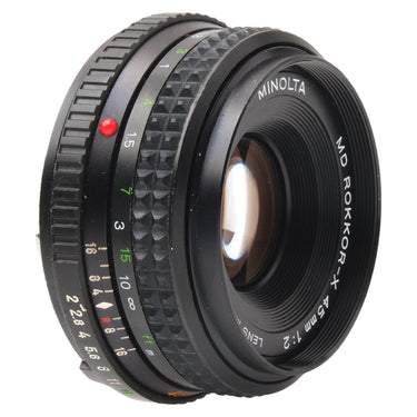 Minolta 45mm f2 MD Rokkor-X angled front element view