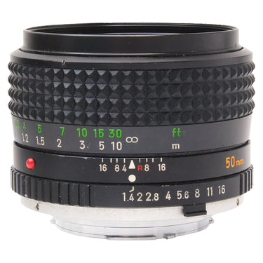 Minolta 50mm f1.4 MC Rokkor-X PG side view showing focus scale and aperture ring