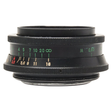 KMZ Industar-50-2 50mm f3.5 lens side view showing focus and aperture scales