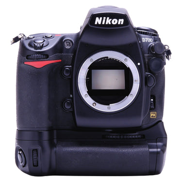 Nikon D700 front view with MB-D10 grip and bare F mount showing mirror box