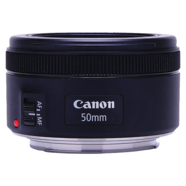 Canon EF 50mm f1.8 STM front-top view showing brand label and AF MF switch
