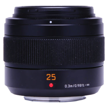Panasonic Leica DG Summilux 25mm f1.4 side view showing focus ring and 25 distance marking