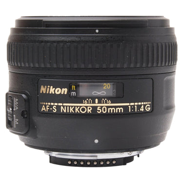 Nikon AF-S 50mm f1.4 G lens upright showing name plate, distance scale, and M/A switch