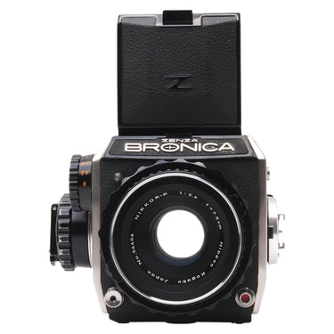 Zenza Bronica EC front view with waist-level finder open and 7.5cm f2.8 Nikkor-P lens