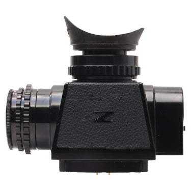 Bronica EC TTL metered prism finder, left side view with eyecup and base contacts