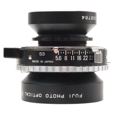 Fujifilm Fujinon-W 150mm f5.6 side view showing Copal shutter aperture scale and serial number