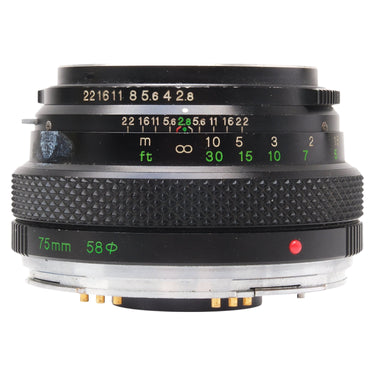 Zenza Bronica Zenzanon MC 75mm f2.8 side view showing aperture and distance scales and focus ring