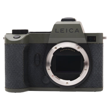 Leica SL2-S Reporter olive green front view with bare L-mount and exposed sensor