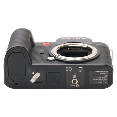 Leica SL2 baseplate showing serial number, type plate, and battery door