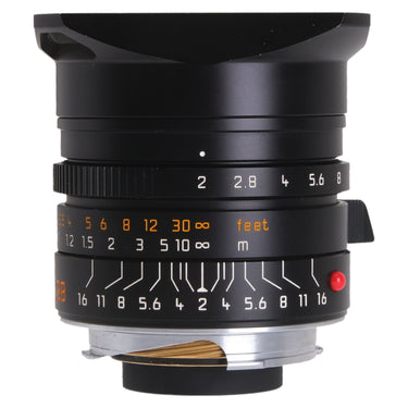 Leica 28mm f2 Summicron-M ASPH side view with aperture scale and mounted rectangular shade
