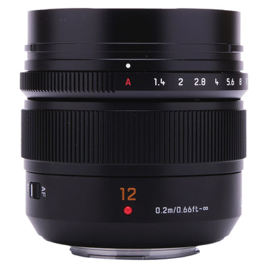 Panasonic Leica DG Summilux 12mm f1.4 side view with lens hood mounted and aperture scale