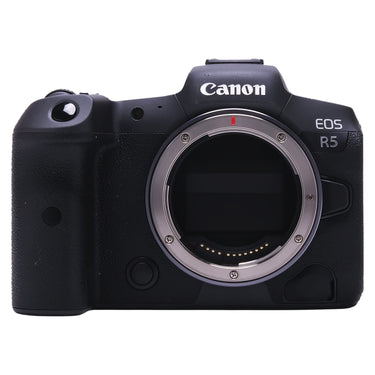 Canon EOS R5 front view with bare RF mount and contacts