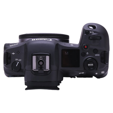 Canon EOS R5 top plate with mode dial, hot shoe, and display