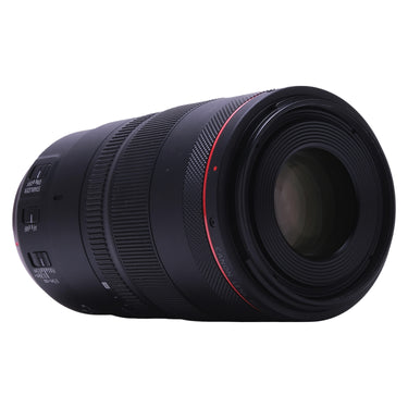Canon RF 100mm f2.8 L Macro side view with focus limiter and stabilizer switches