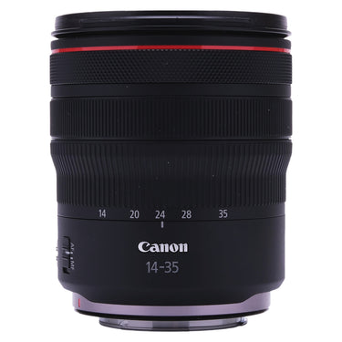Canon RF 14-35mm f4 L IS USM side view showing zoom scale and AF/MF switch
