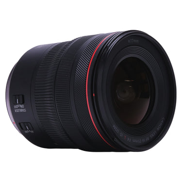 Canon RF 14-35mm f4 L IS USM angled view showing stabilizer and AF/MF switches