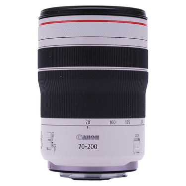 Canon RF 70-200mm f4 L IS USM lens standing upright, front and side view with zoom and focus rings