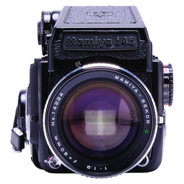 Mamiya 645 1000S front view with prism finder and Mamiya-Sekor 80mm f1.9 lens
