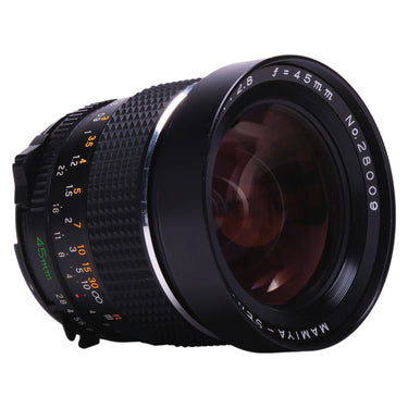 Mamiya Sekor C 45mm f2.8 angled front view showing front element and serial No.28009
